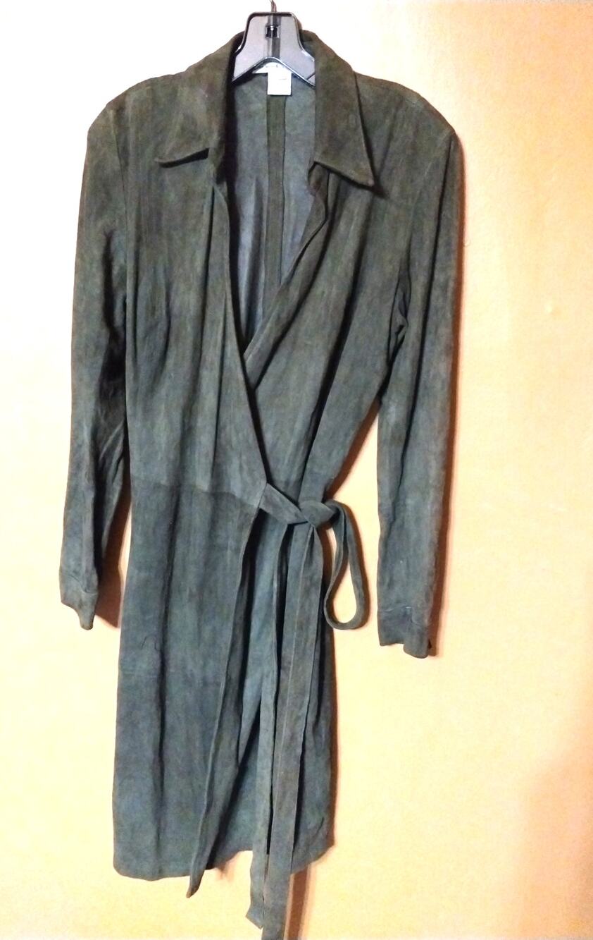 Chetta B Long Sleeve Belted Green 100% Leather Wrap Dress 10 VTG